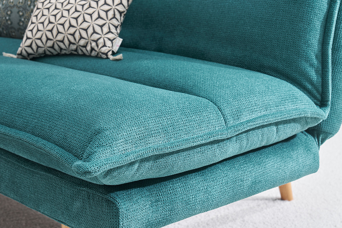 Schlafsofa f�r 3 Personen in texturiertem C�ladon Samt-Effekt Stoff und hellem Holz BINGO