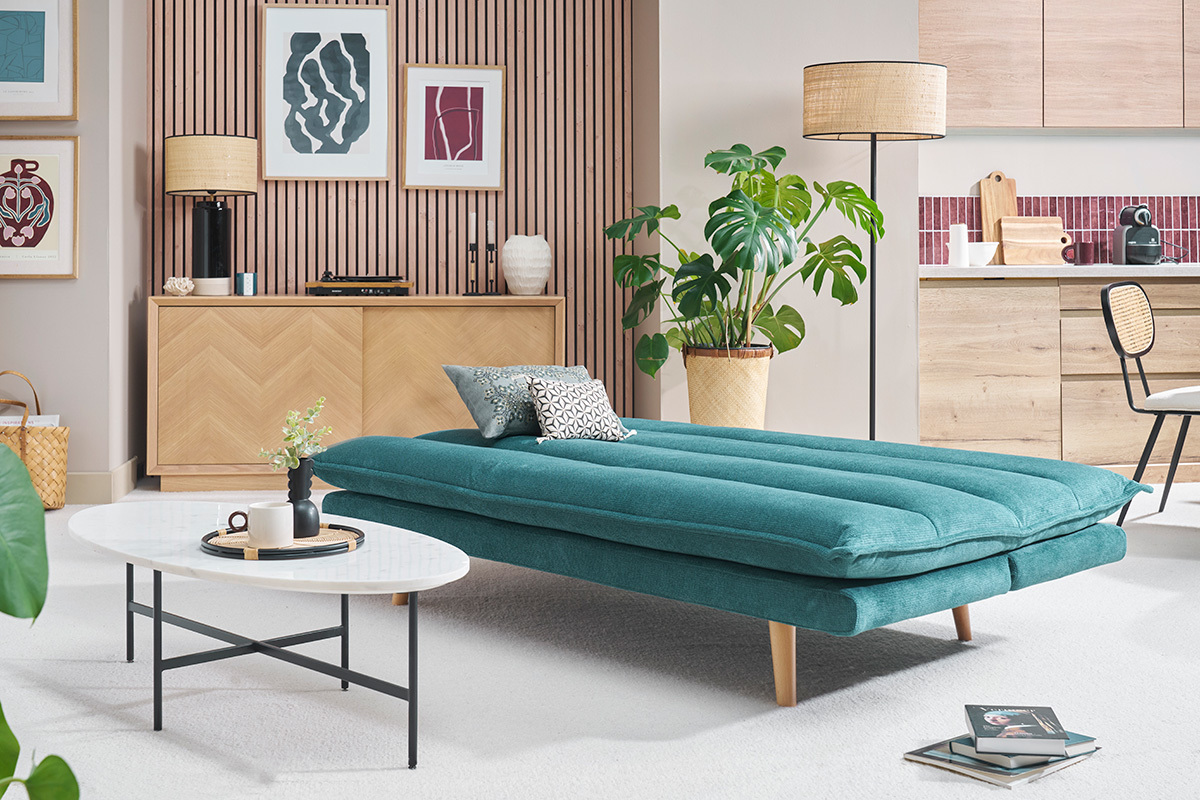 Schlafsofa f�r 3 Personen in texturiertem C�ladon Samt-Effekt Stoff und hellem Holz BINGO