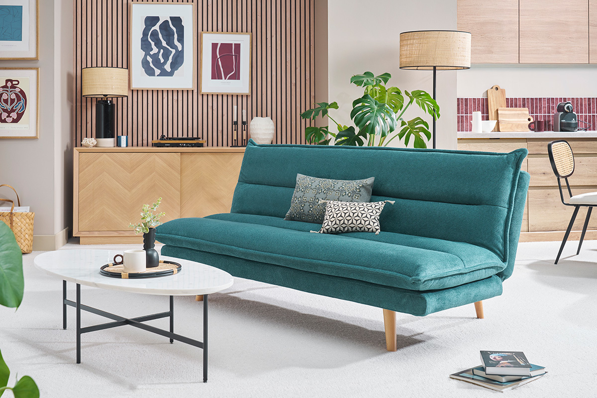 Schlafsofa f�r 3 Personen in texturiertem C�ladon Samt-Effekt Stoff und hellem Holz BINGO