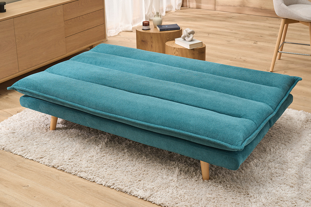 Schlafsofa f�r 3 Personen in texturiertem C�ladon Samt-Effekt Stoff und hellem Holz BINGO