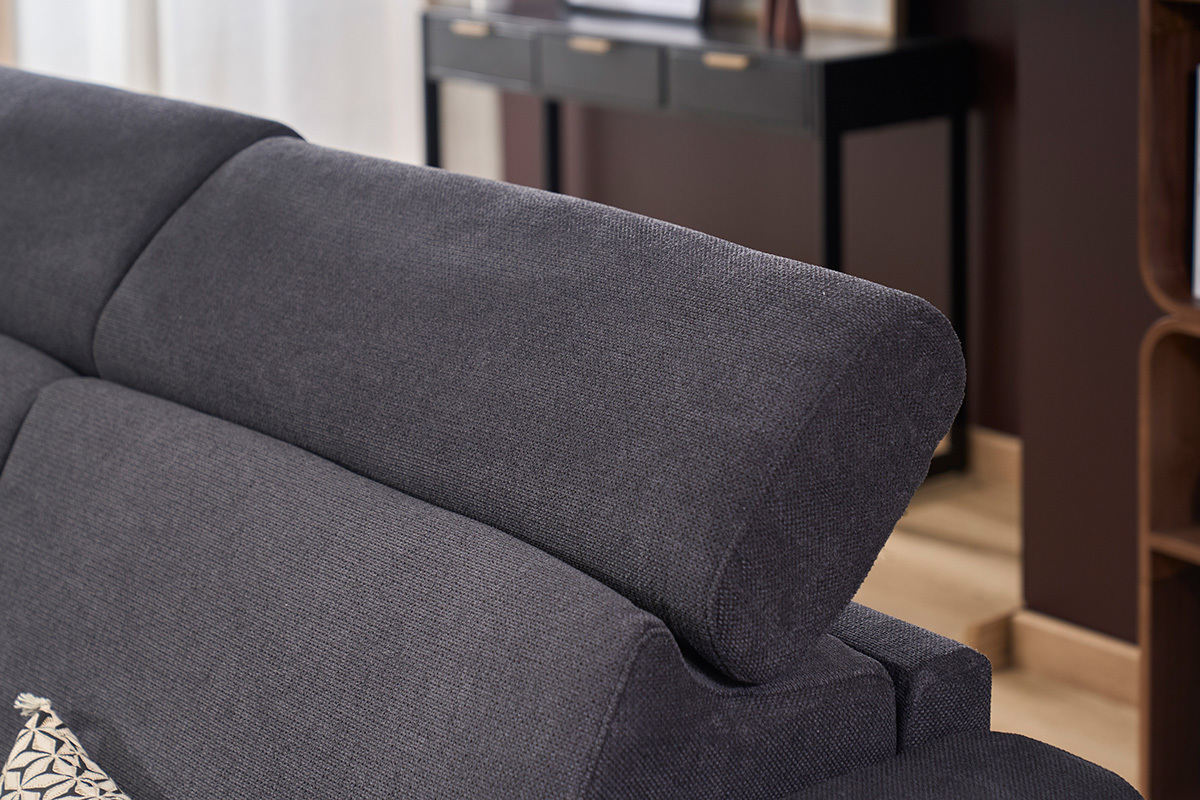 Detail der verstellbaren Kopfst�tzen des Schlafsofas GOYA aus anthrazitgrauem Stoff.