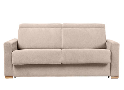 Schlafsofa mit verstellbaren Kopfstützen für 3 Personen in beige-samtigem Effektgewebe mit einer Matratze von 18 cm NORO