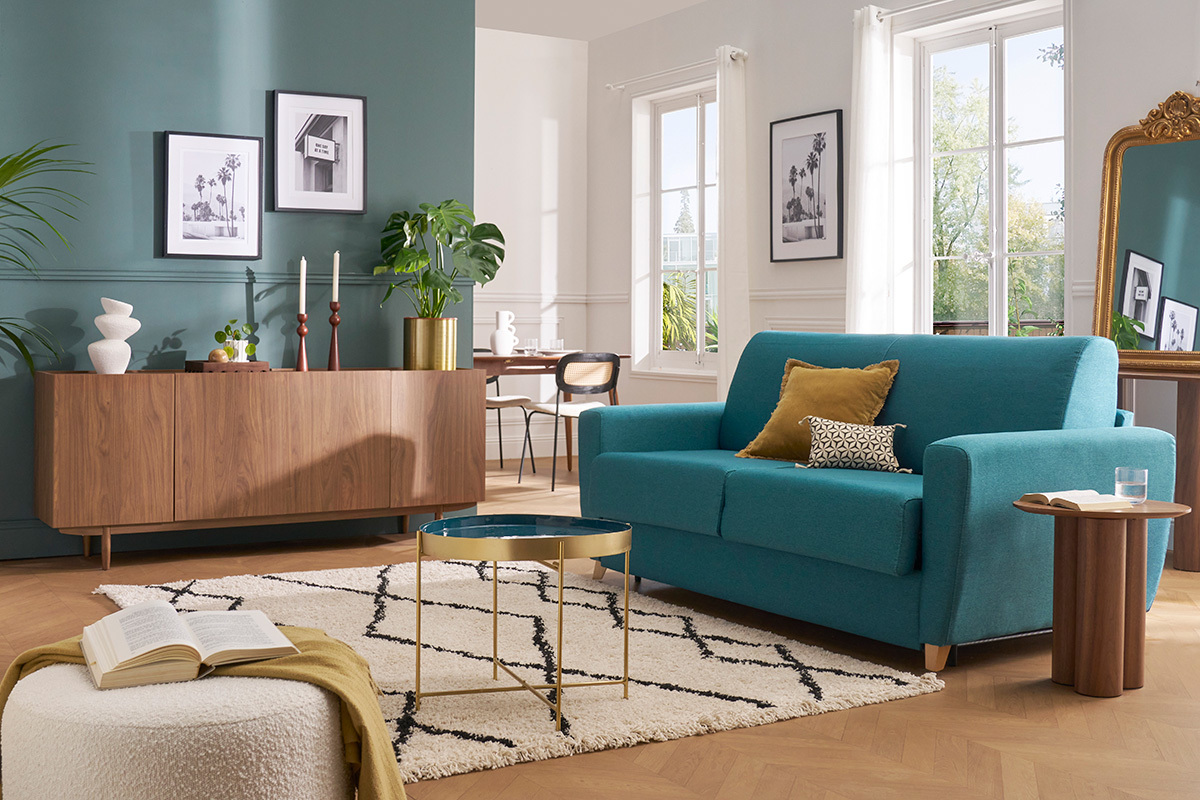 Schlafsofa skandinavisch blaugrn und Holz GRAHAM