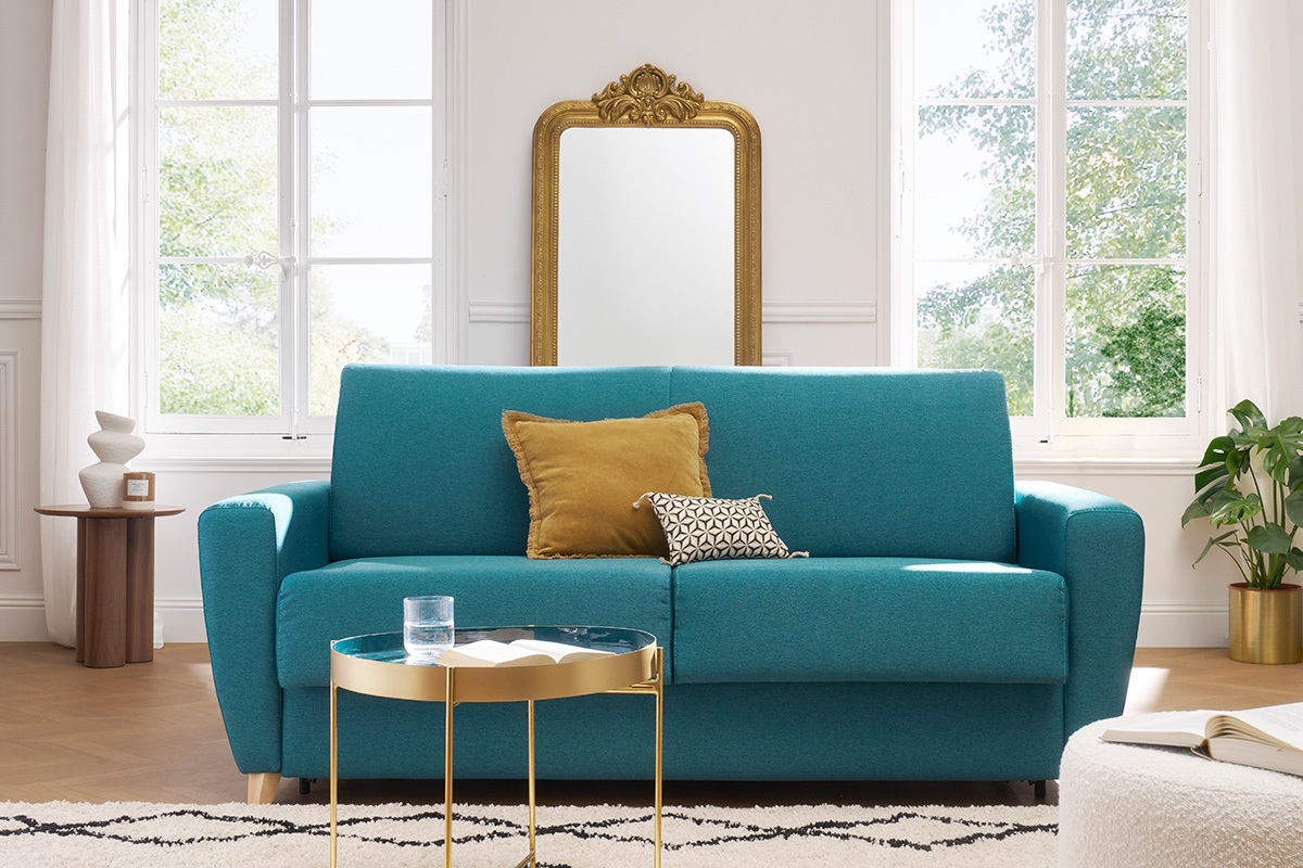 Schlafsofa skandinavisch blaugrn und Holz GRAHAM