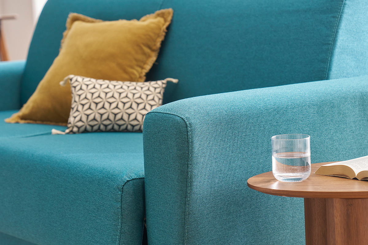 Schlafsofa skandinavisch blaugrn und Holz GRAHAM