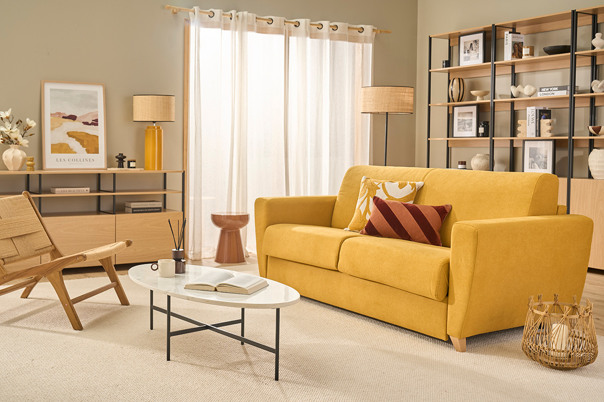 Schlafsofa skandinavisch senfgelb und Holz GRAHAM