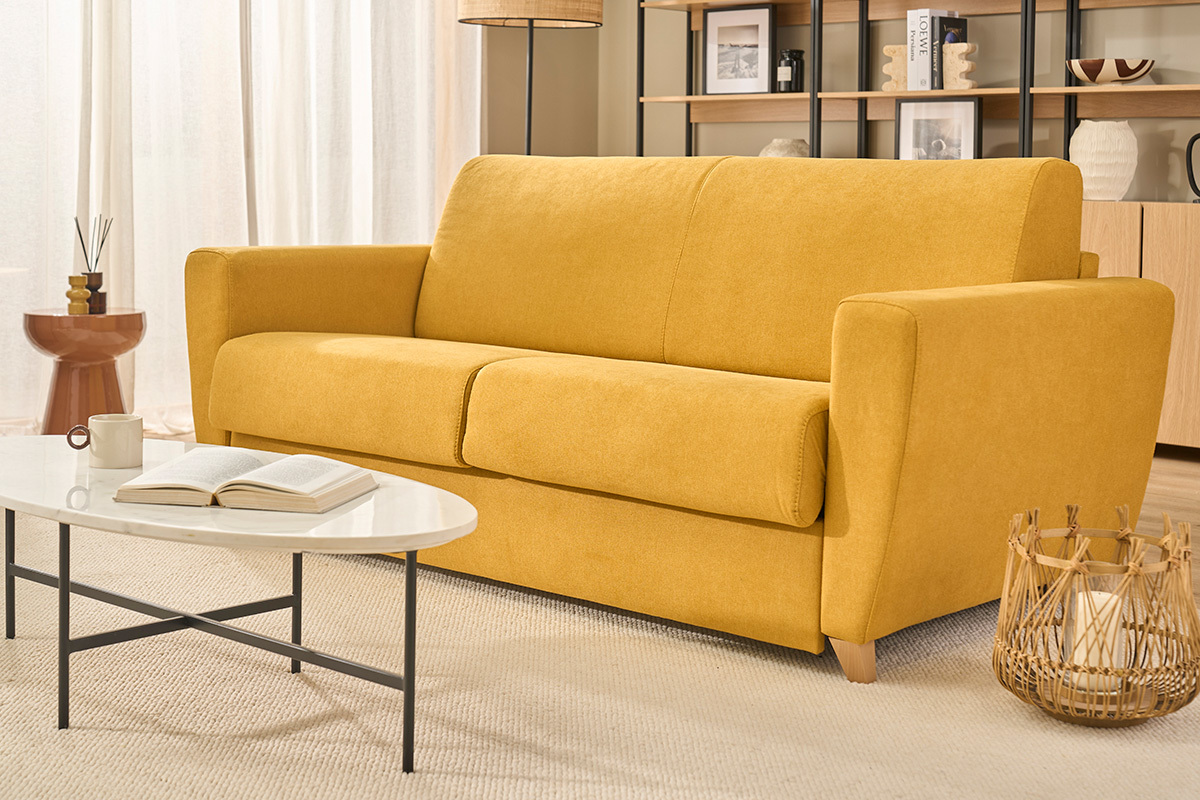 Schlafsofa skandinavisch senfgelb und Holz GRAHAM