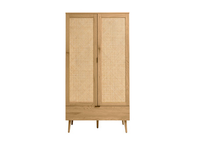 Schrank in heller Holzoptik, Rattan und schwarzem Metall H190 cm MANILLE