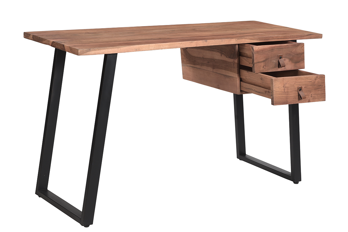 Schreibtisch aus Akazienholz und schwarzem Metall mit Schubladen B140 cm GINGER