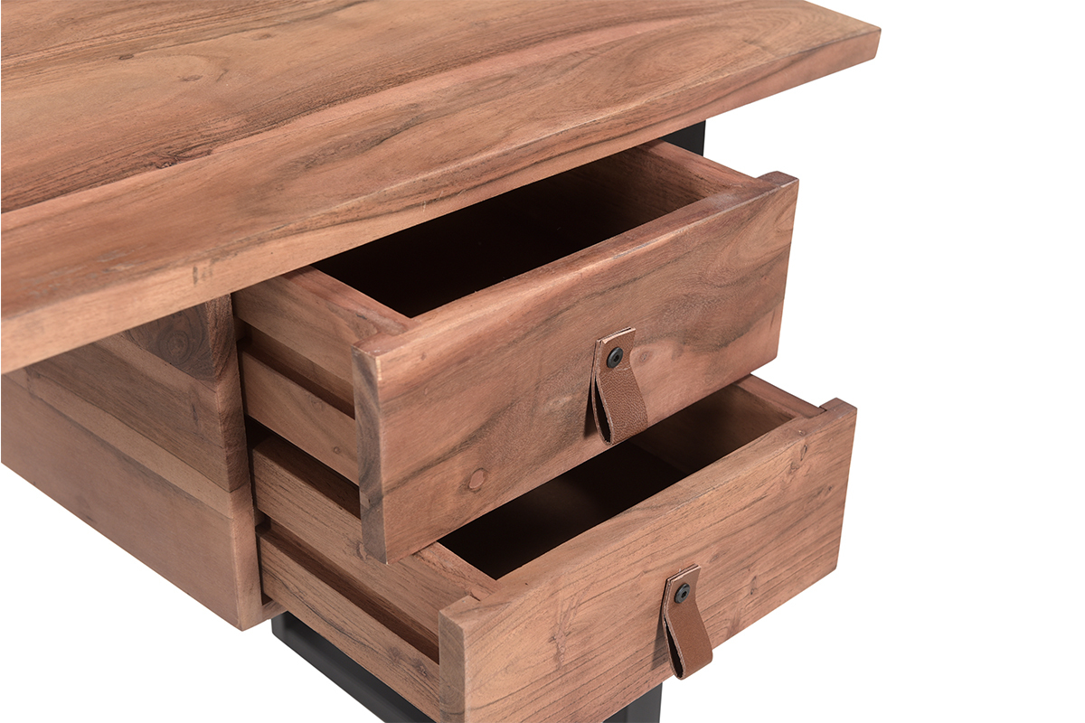 Schreibtisch aus Akazienholz und schwarzem Metall mit Schubladen B140 cm GINGER