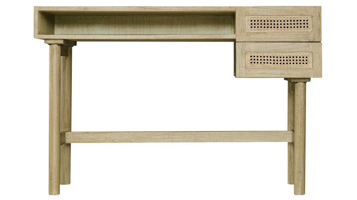 Schreibtisch aus hellem Holz mit Fach und Schubladen aus Rattangeflecht L120 cm GALINA.