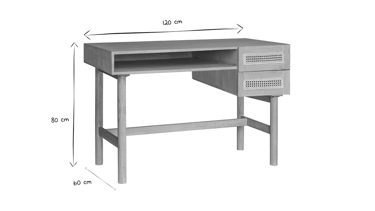 Schreibtisch aus hellem Holz mit Fach und Schubladen aus Rattangeflecht L120 cm GALINA.