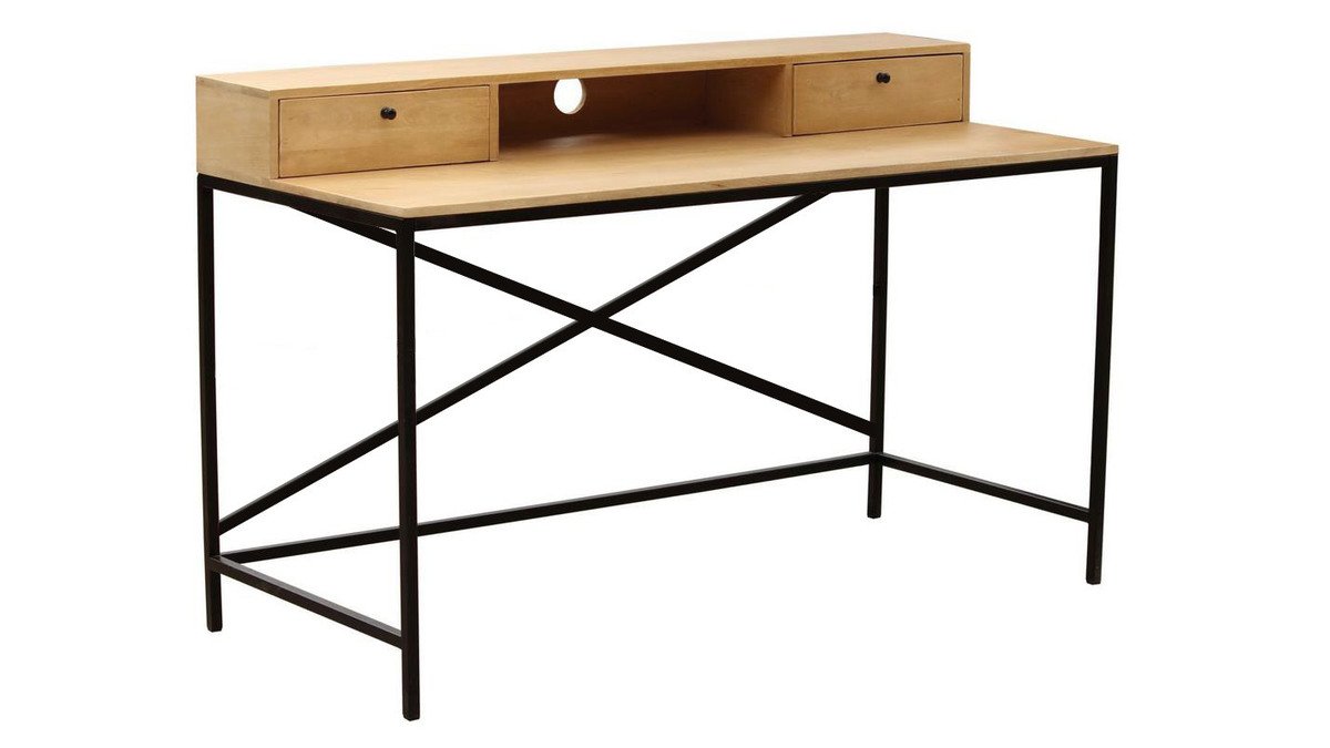 Schreibtisch aus Mangoholz und schwarzem Metall mit Schubladen OPIUM