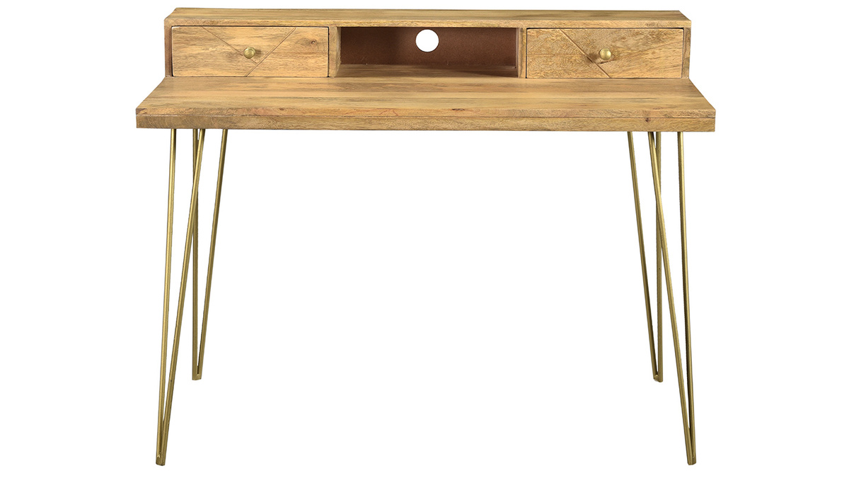 Schreibtisch aus massivem, eingraviertem Mangoholz und vergoldetem Metall B115 cm LINIUM