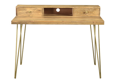Schreibtisch aus massivem, eingraviertem Mangoholz und vergoldetem Metall B115 cm LINIUM