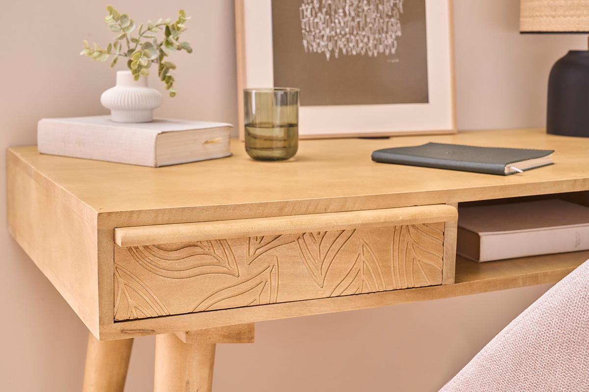 Schreibtisch aus massivem Mangoholz mit Gravur KAFFIR