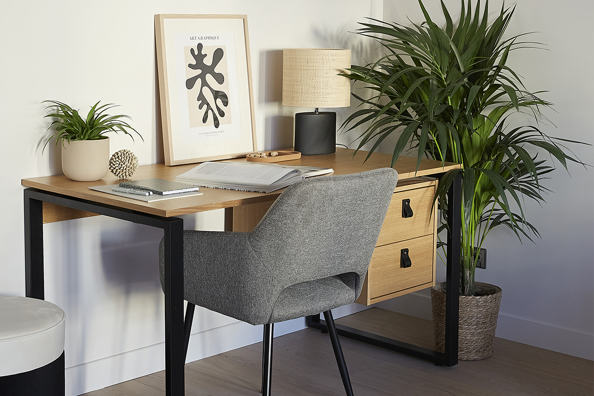 Schreibtisch Eichenfurnier mit schwarzem Metallgestell und Schubladen B138 cm OPAL