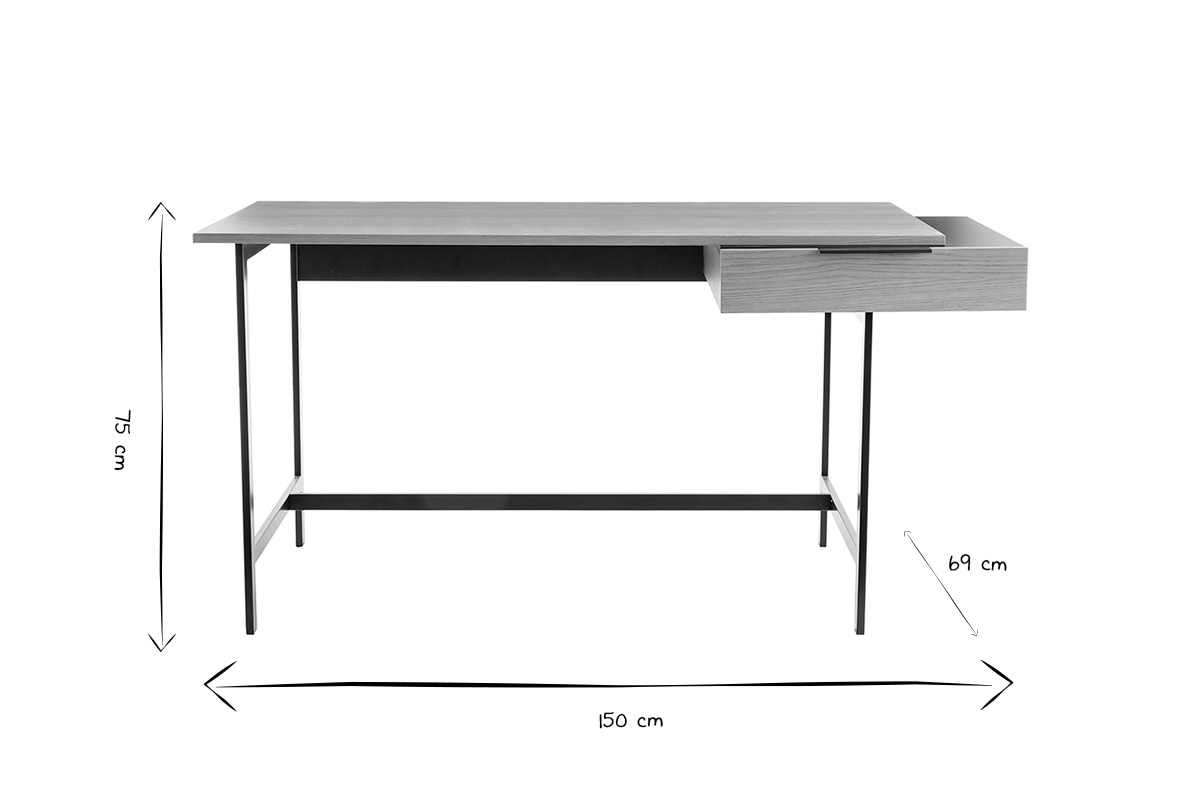 Schreibtisch Furniereiche schwarzer Metallfu mit Schublade B150 cm SILKA
