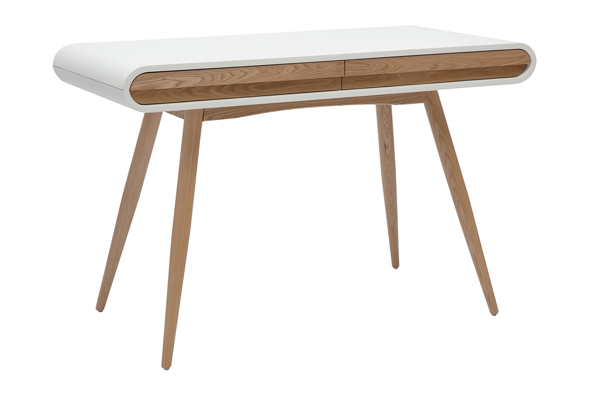 Skandinavischer Schreibtisch in hellem Holz und Wei� mit 2 Schubladen, Ansicht von 3/4.