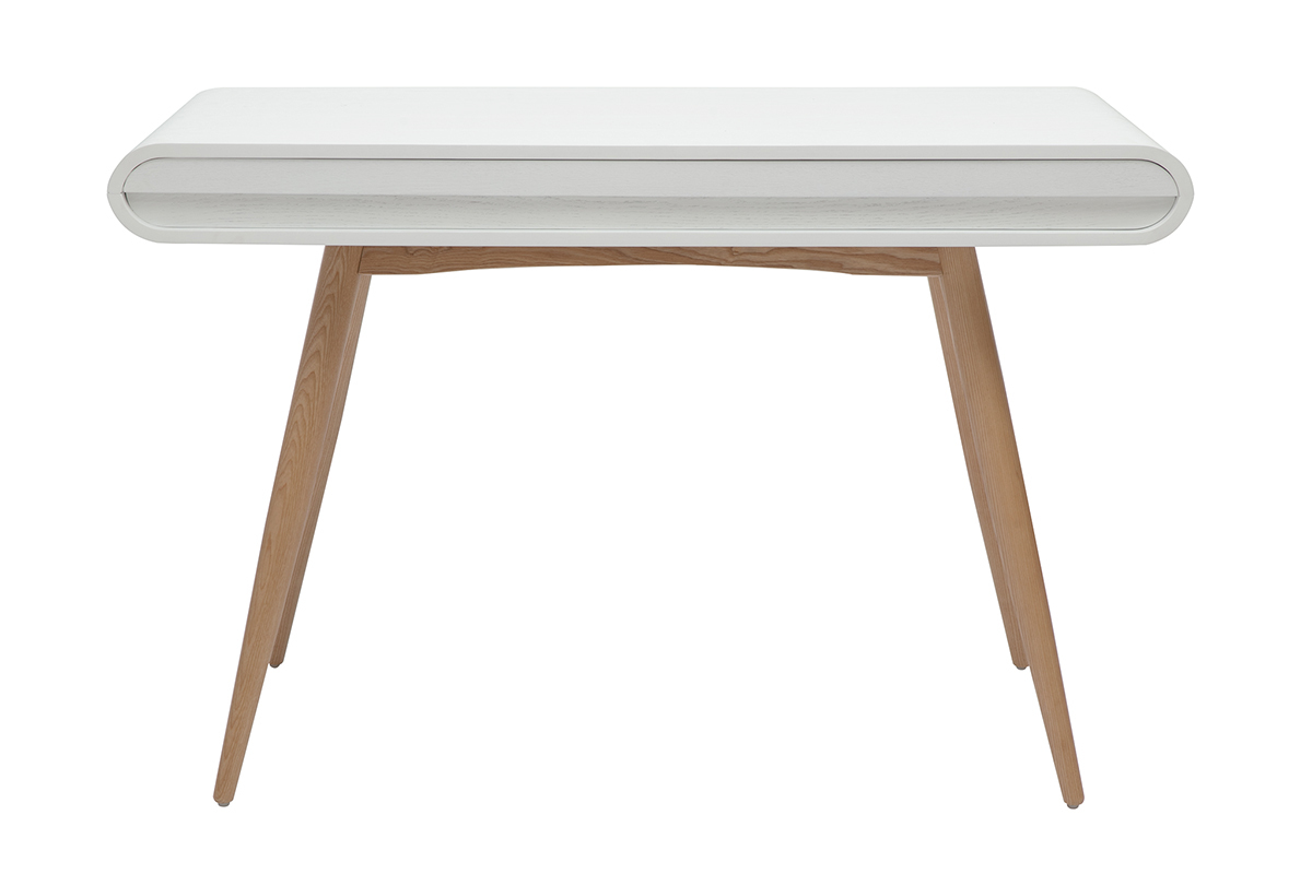 Skandinavischer Schreibtisch aus hellem Holz und Wei� mit Eschenholzbeinen, R�ckansicht.