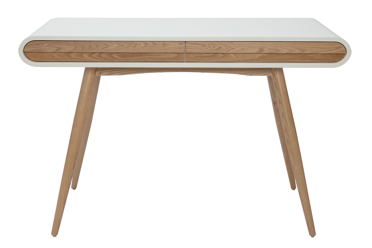 Skandinavischer Schreibtisch aus hellem Holz und Wei� mit 2 Schubladen frontal betrachtet.