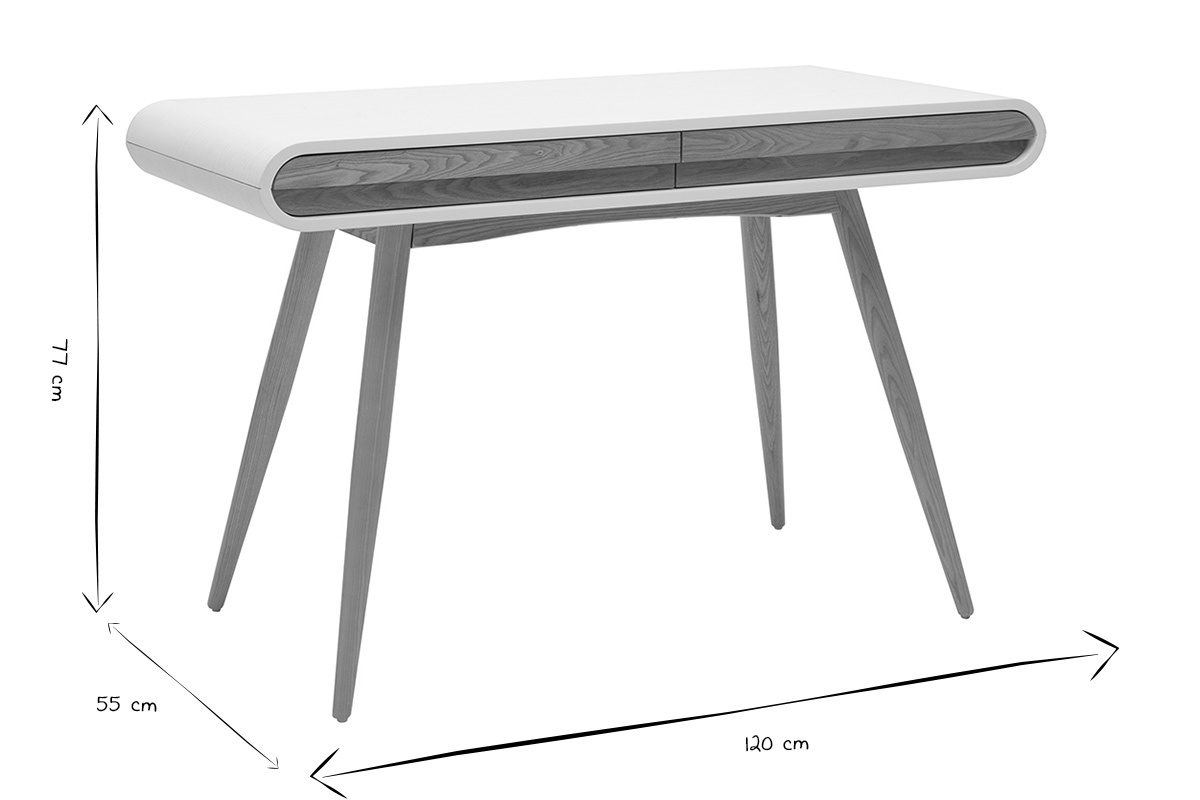 Ma�e des skandinavischen Schreibtisches BJORG in Schwarz und Wei�, 120x55x77 cm.