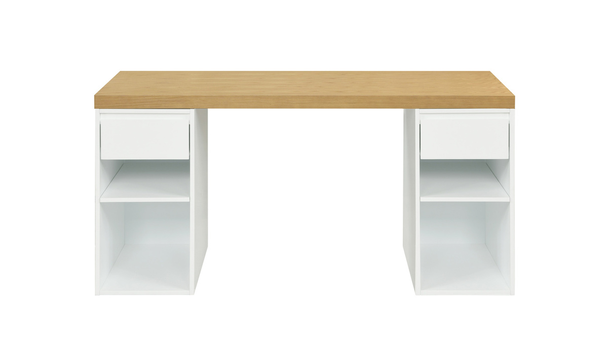 Schreibtisch mit Ablagen wei und helles Holz skandinavisch B150 cm RACKEL