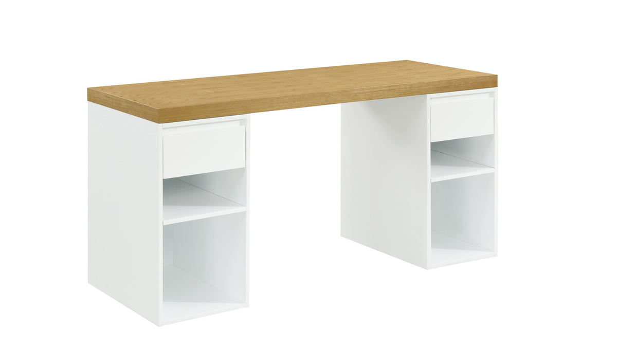 Schreibtisch mit Ablagen wei und helles Holz skandinavisch B150 cm RACKEL