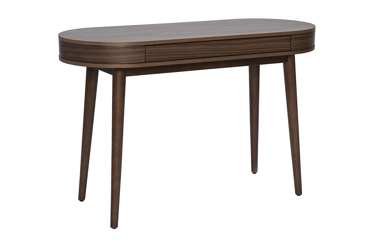Dunkler Holzschreibtisch mit Schublade, ovalem Tablett und verj�ngten Beinen, 3/4 Ansicht.