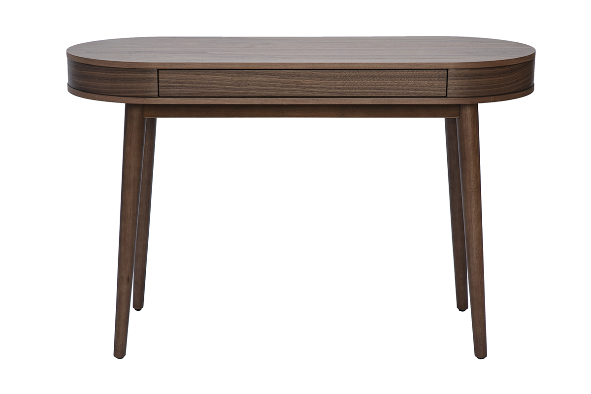 Dunkler Holzschreibtisch L120 cm mit Schublade, Frontansicht, konische Beine.