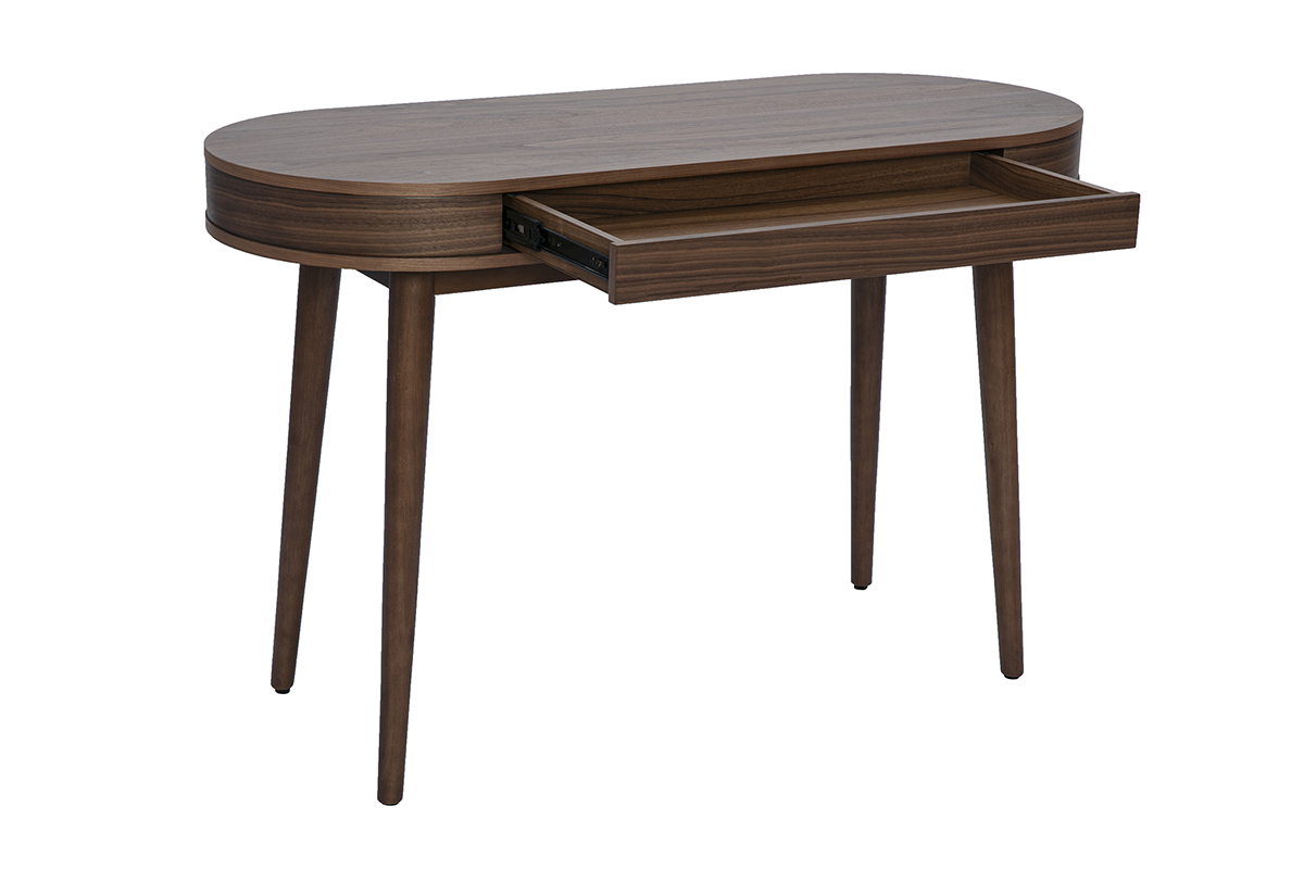 Dunkler Holzschreibtisch JUDITH mit ge�ffneter Schublade, zulaufende Beine in 3/4 Ansicht.