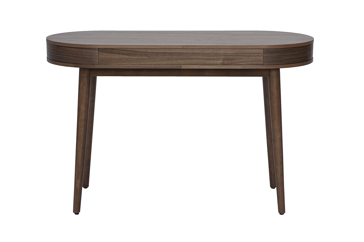 Dunkler Holzschreibtisch mit Schublade, ovalem Tablett und konischen Beinen, R�ckansicht.