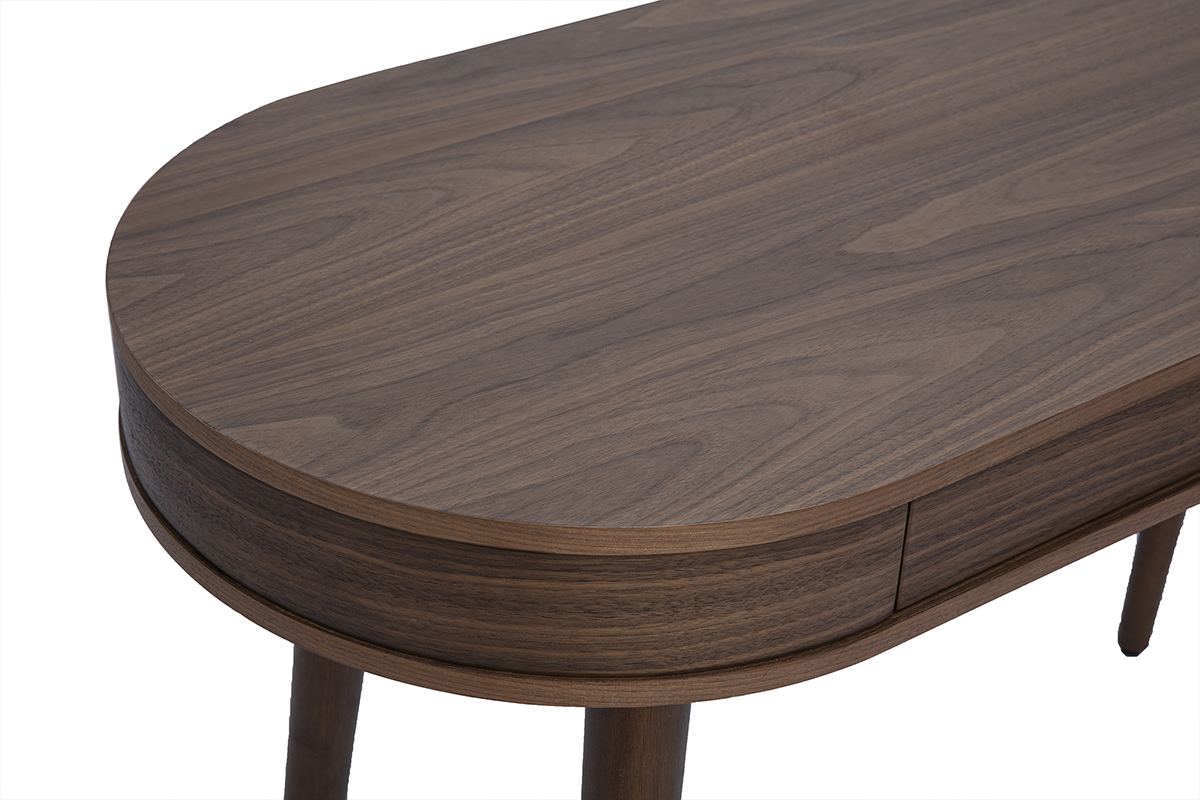 Dunkler Holzschreibtisch mit ovalem Deck und Schublade, vergr��erte Ansicht.