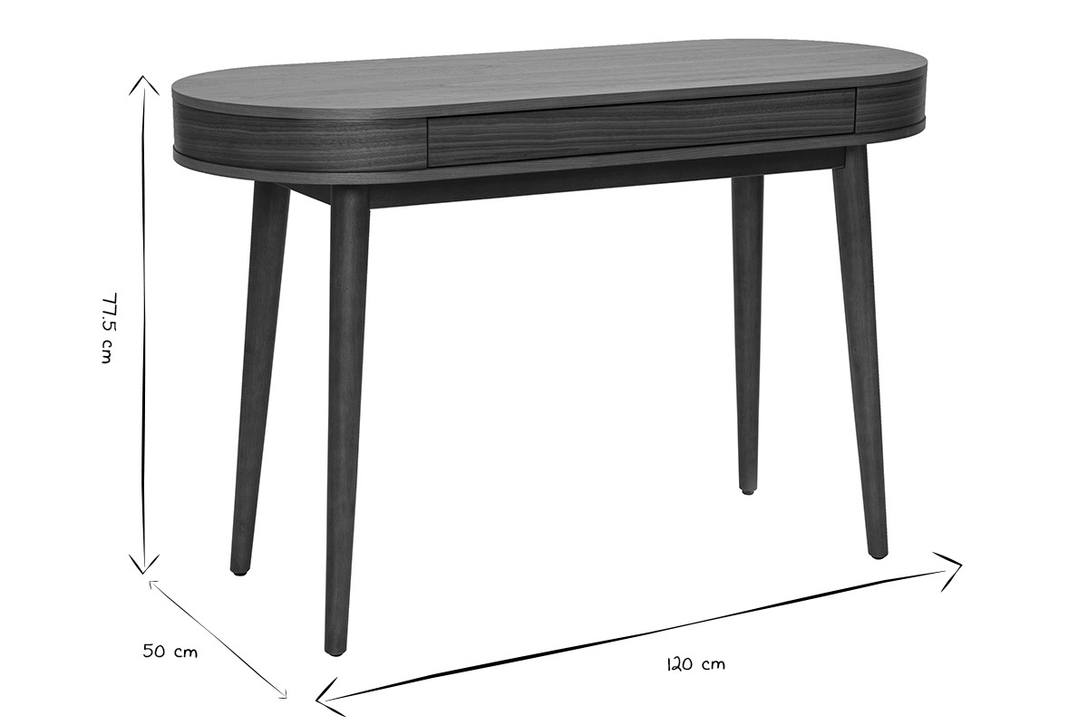 Schreibtisch mit dunklem Holzschublade, Ma�e L120 x B50 x H77,5 cm, in Schwarz und Wei�.