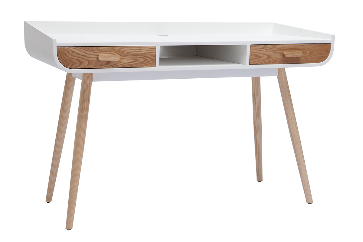 Schreibtisch skandinavisch helles und weies Holz 2 Schubladen HALLEN