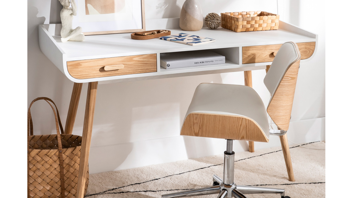 Schreibtisch skandinavisch helles und weißes Holz 2 Schubladen HALLEN