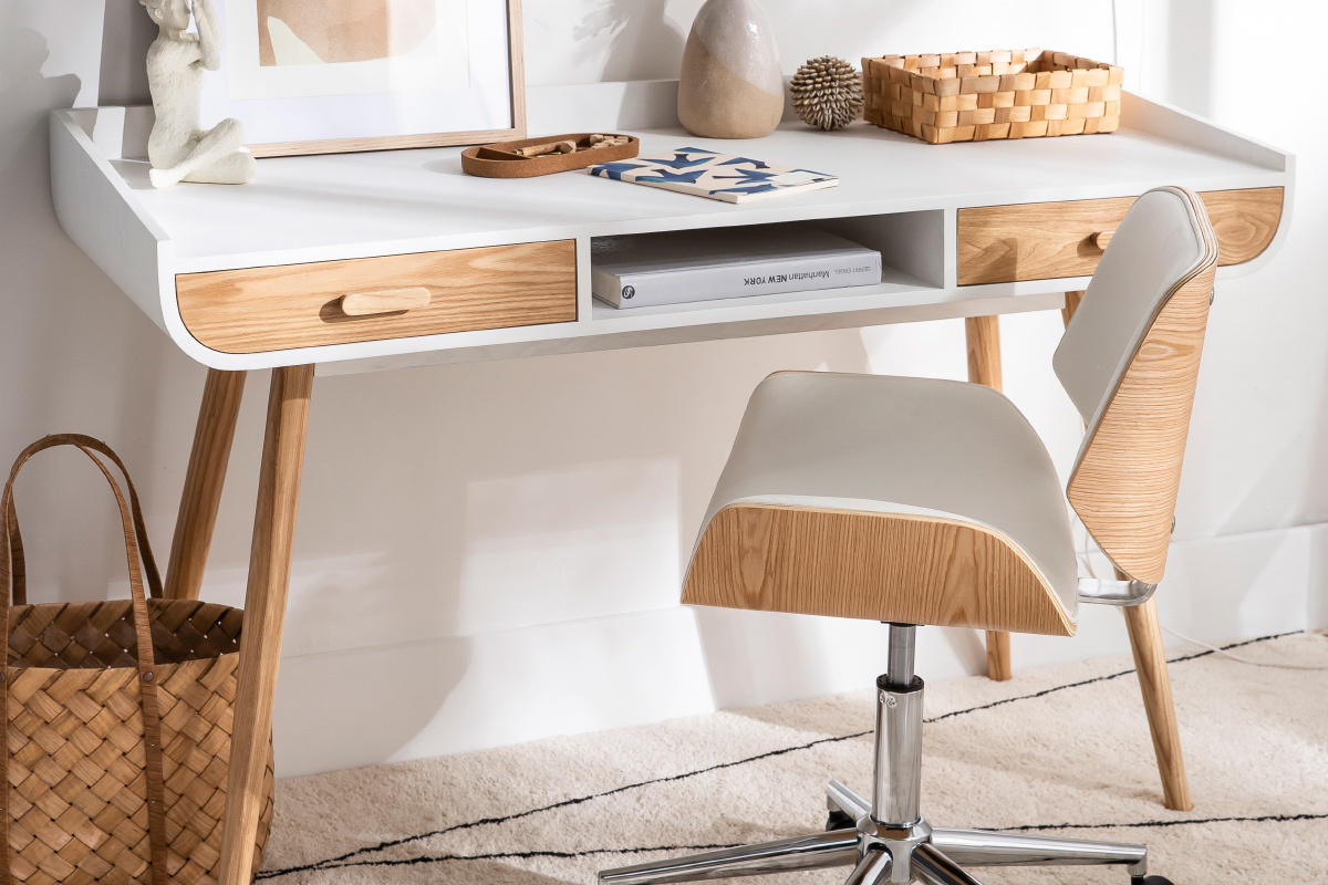 Schreibtisch skandinavisch helles und weies Holz 2 Schubladen HALLEN