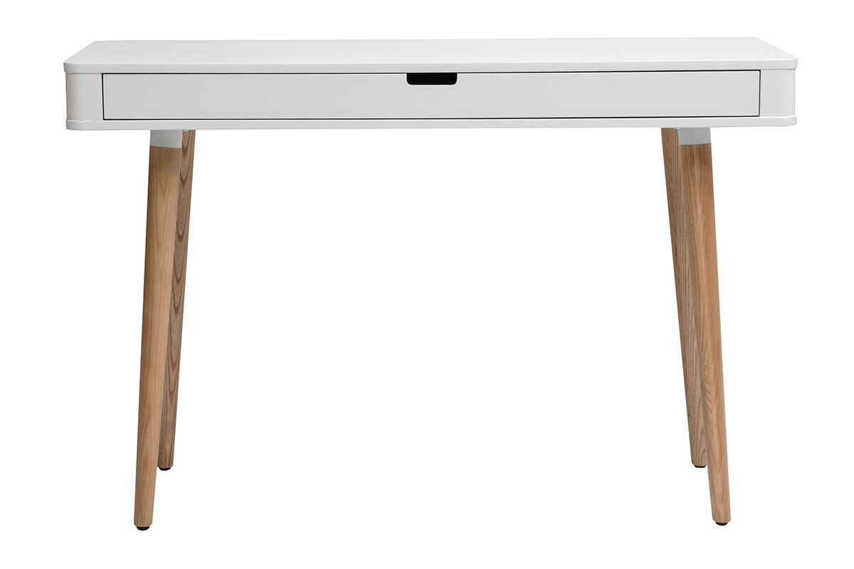 Skandinavischer wei�er Schreibtisch mit Schublade und Eichenf��en, Frontansicht.