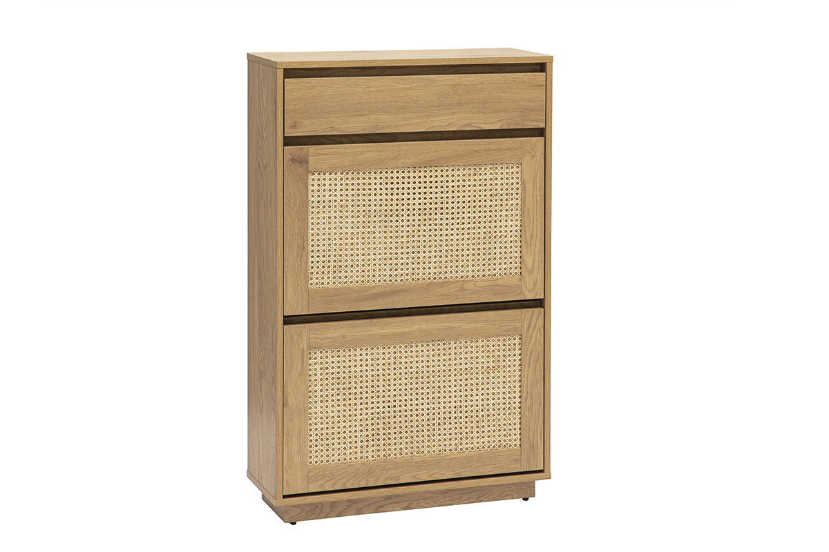 Schuhschrank mit heller Holzfinish und Rattangeflecht, 3/4 Ansicht.