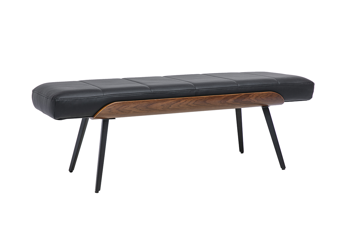 Schwarze Bank aus dunklem Holz und schwarzem Metall, 3/4-Ansicht, elegantes und modernes Design.