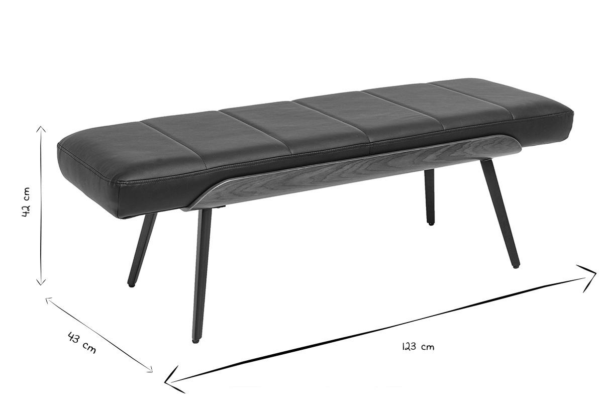 Schwarze ELIOR-Bank mit angegebenen Ma�en: L123 cm, T43 cm, H42 cm in Schwarzwei�.