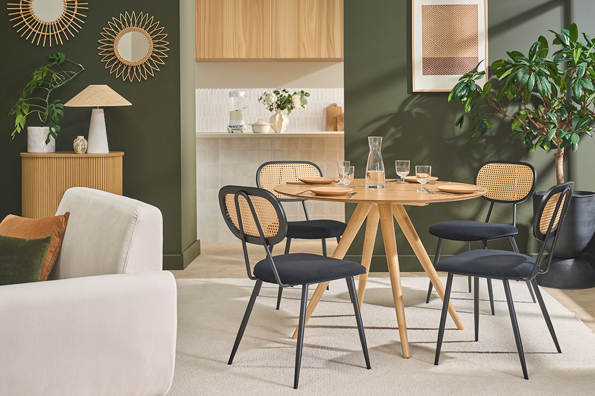 Schwarze Design-St�hle aus Samtstoff, Metall und Rattan-Geflecht (2er Set) SWANN