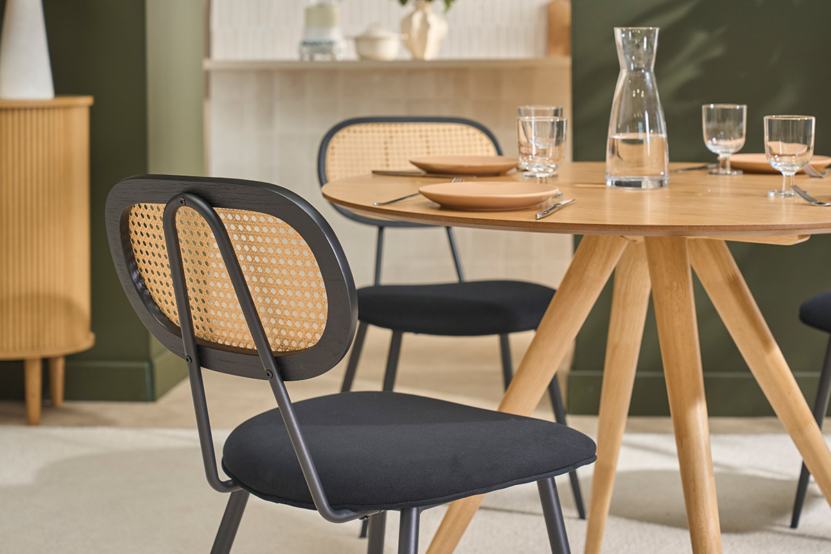 Schwarze Design-St�hle aus Samtstoff, Metall und Rattan-Geflecht (2er Set) SWANN