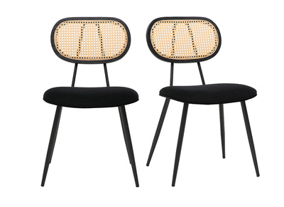 Schwarze Design-St&uuml;hle aus Samtstoff, Metall und Rattan-Geflecht (2er Set) SWANN