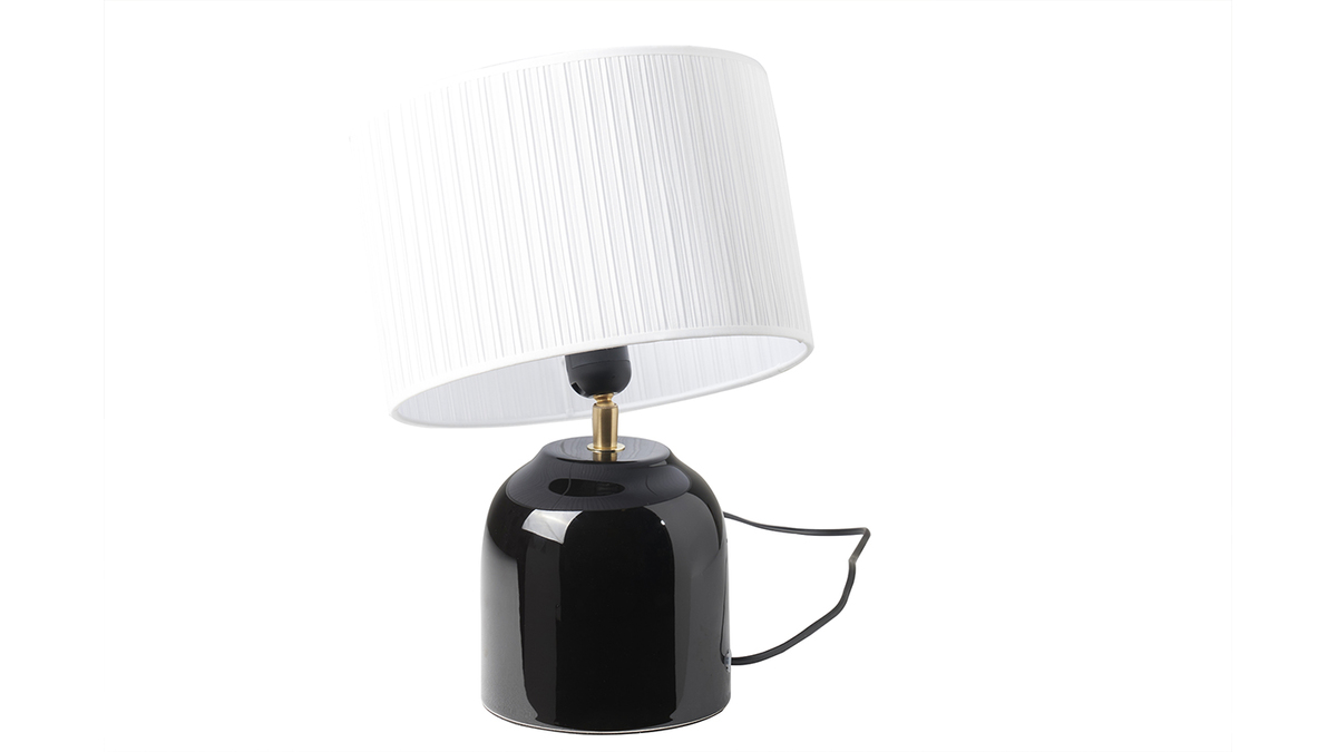 Schwarze Tischlampe aus glnzender Keramik und Lampenschirm aus weiem Plissee-Stoff H35 cm PIEGA