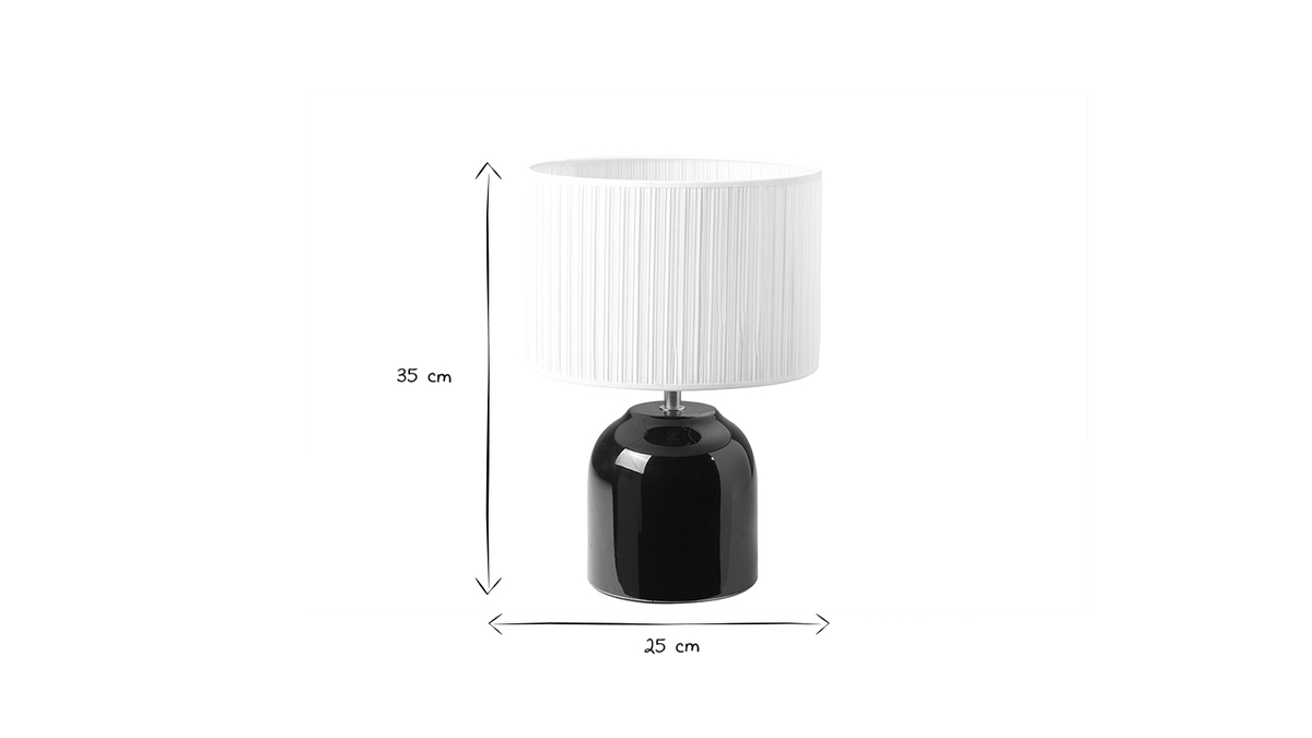 Schwarze Tischlampe aus glnzender Keramik und Lampenschirm aus weiem Plissee-Stoff H35 cm PIEGA