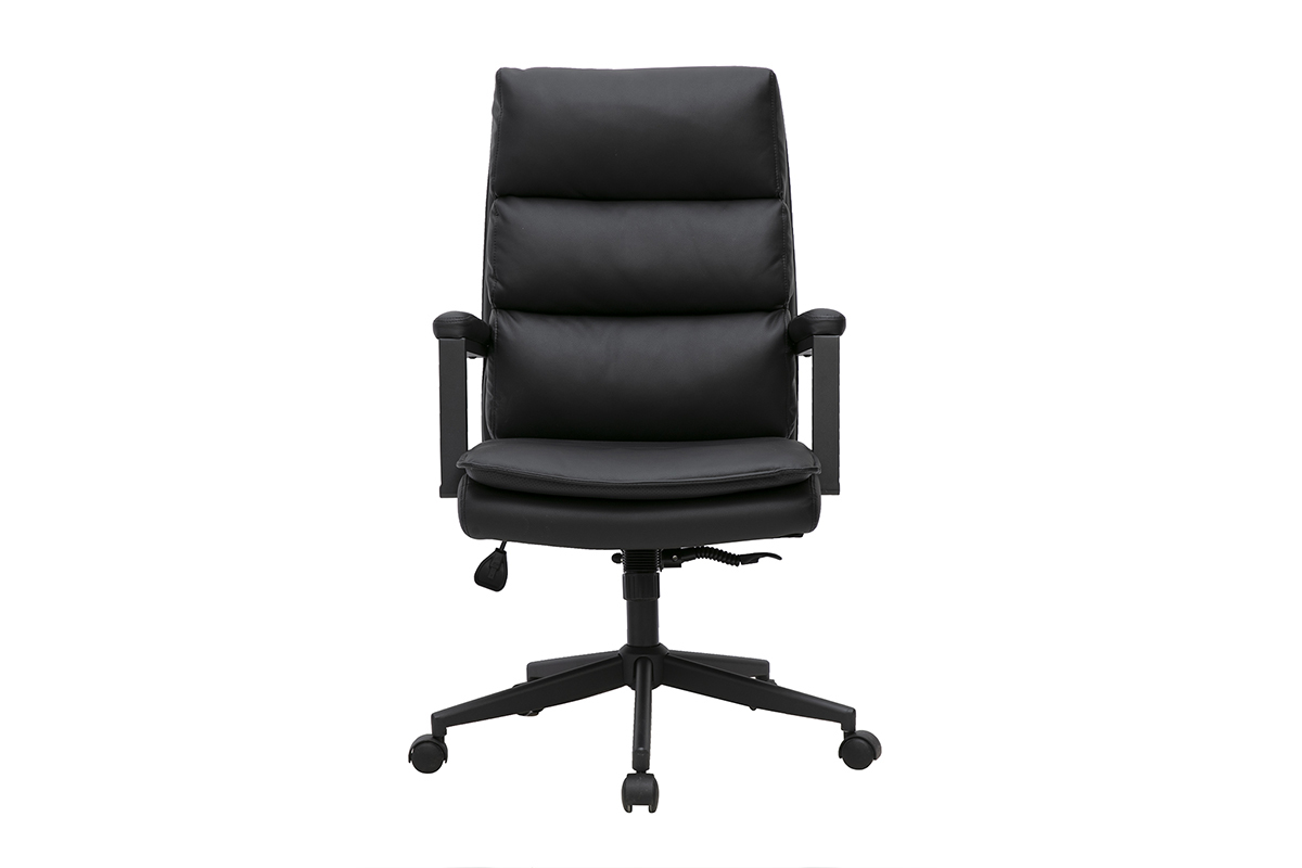 Schwarzer SAEL-B�rostuhl mit Rollen, Vorderansicht, mit Armlehnen und gepolsterter Sitzfl�che.