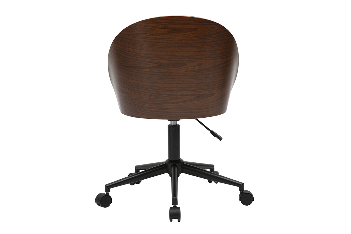 Schwarzer B�rostuhl mit Rollen, R�ckansicht, R�ckenlehne aus dunklem Holz.