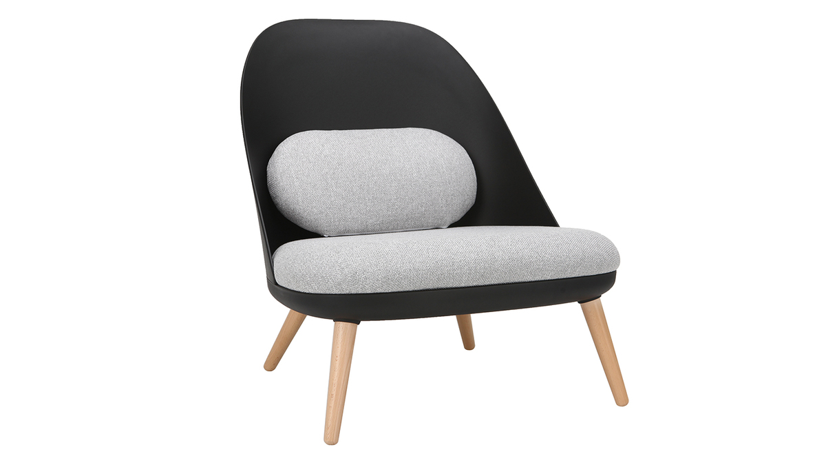 Schwarzer Design-Sessel LEAF mit Stoffpolster und Sesselbeinen aus hellem Holz