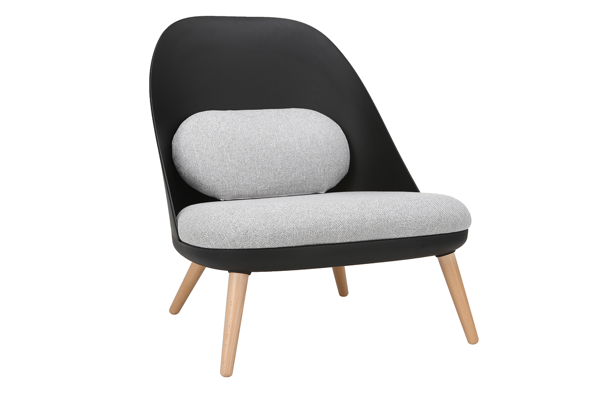 Schwarzer Design-Sessel LEAF mit Stoffpolster und Sesselbeinen aus hellem Holz